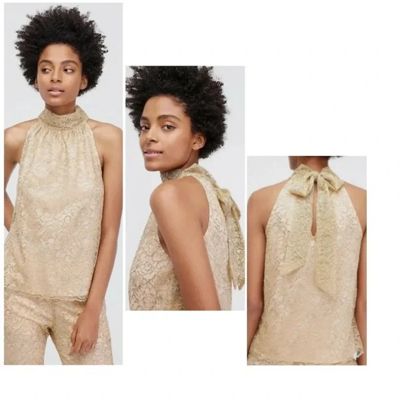 J.Crew Tie Neck Top In cream with Metallic gold Lace Blouse sz Small - Picture 2 of 11